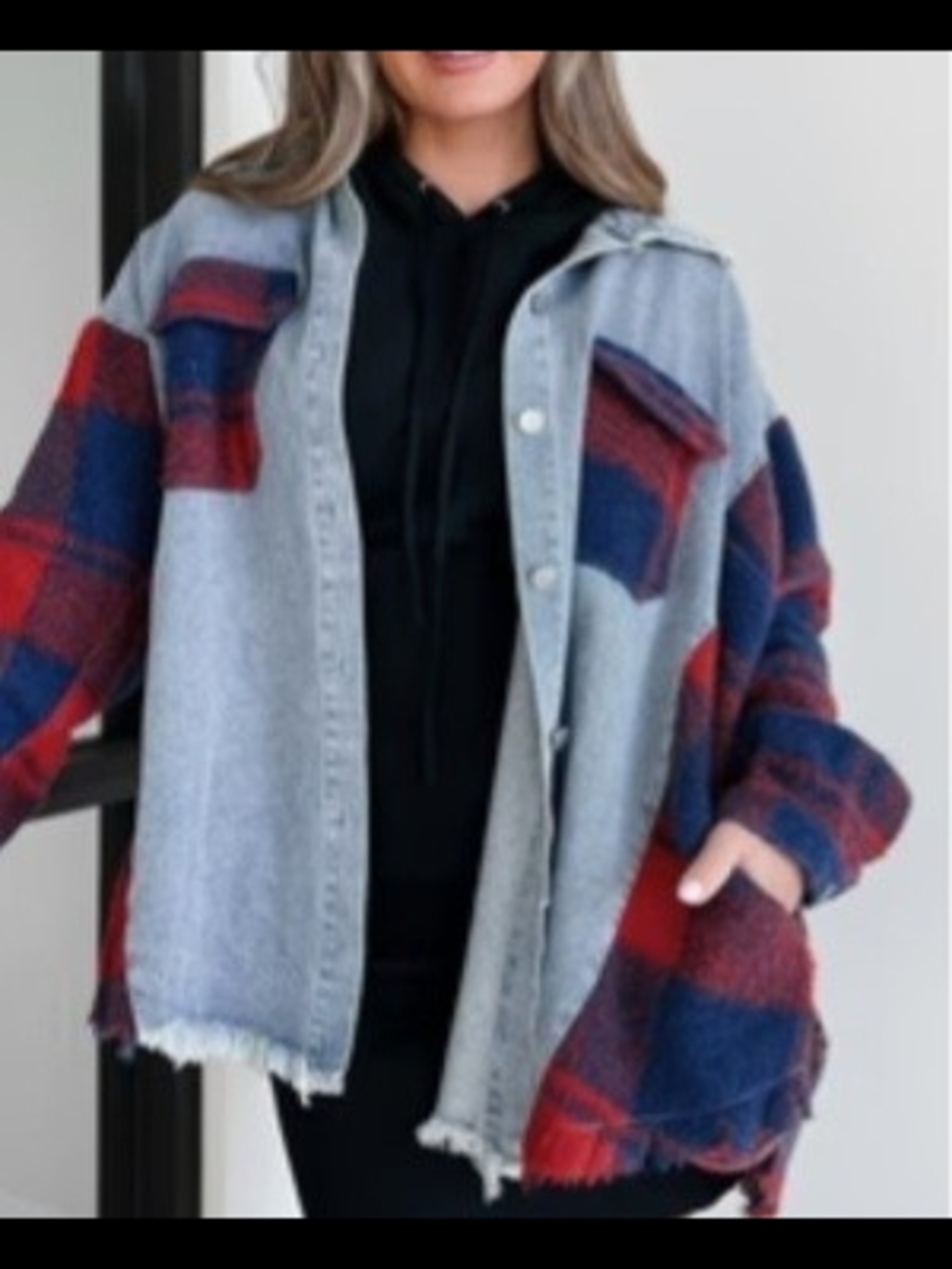 Fantastic Fawn Blue & Red Plaid Patchwork Shacket